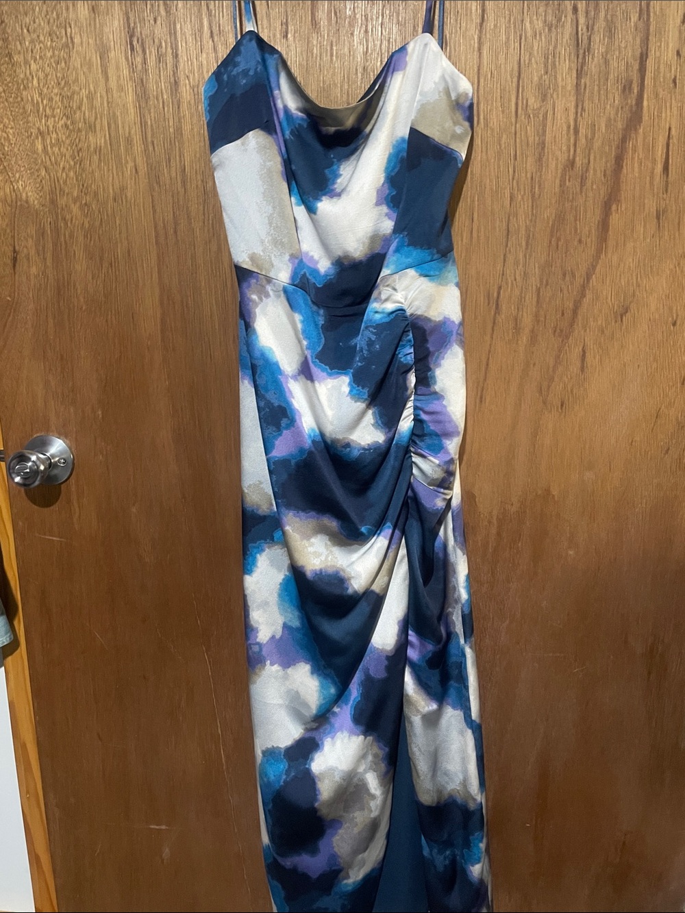 NWOT Taylor Strapless Satin Maxi Dress in Blue, Navy & Cream Abstract Print